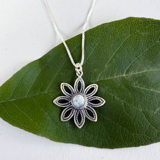 Rainbow Moonstone Flower Necklace - Sterling Silver