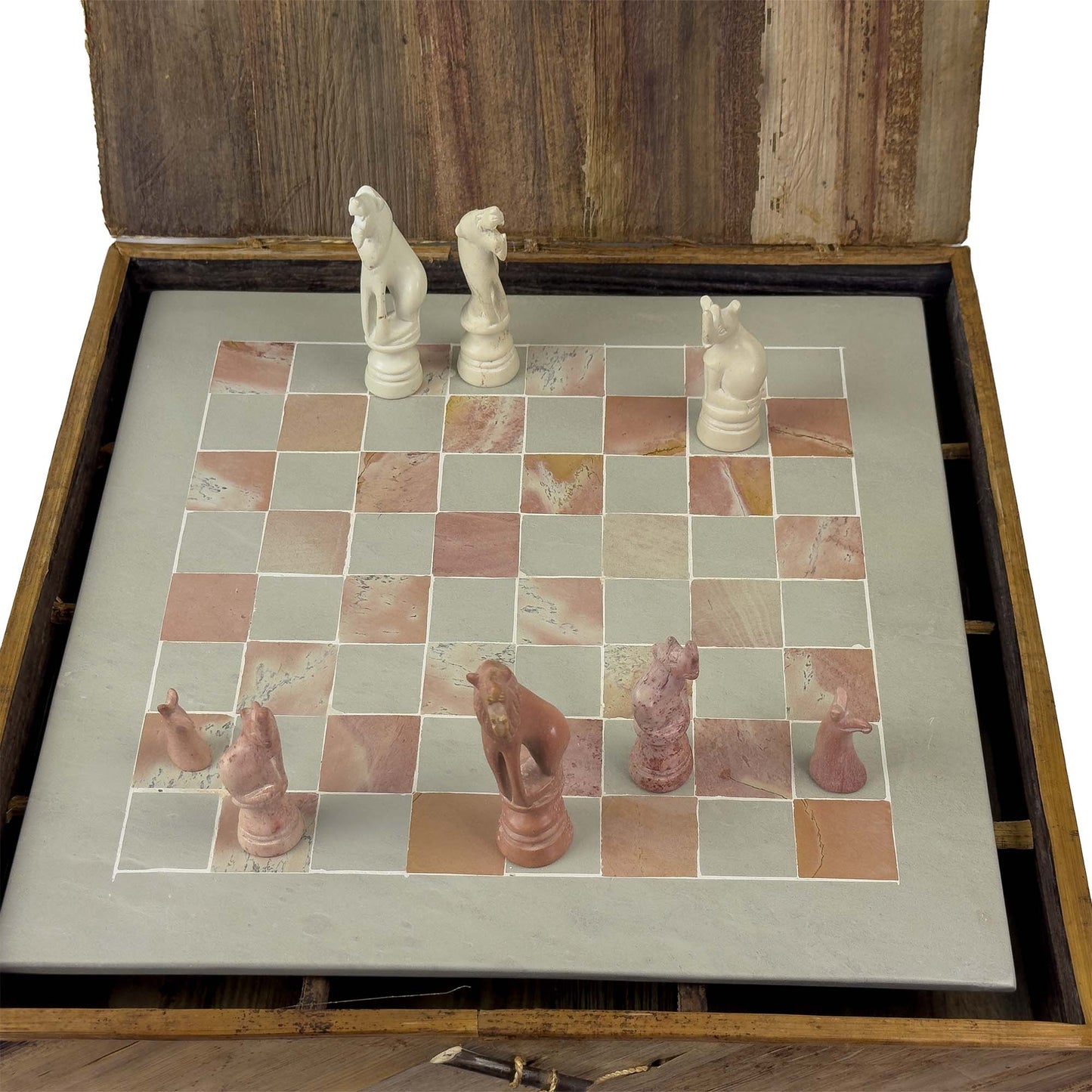 Soapstone Hand-Carved Chess Set  w/ Box  - Safari Animal Pieces, Pink/Natural