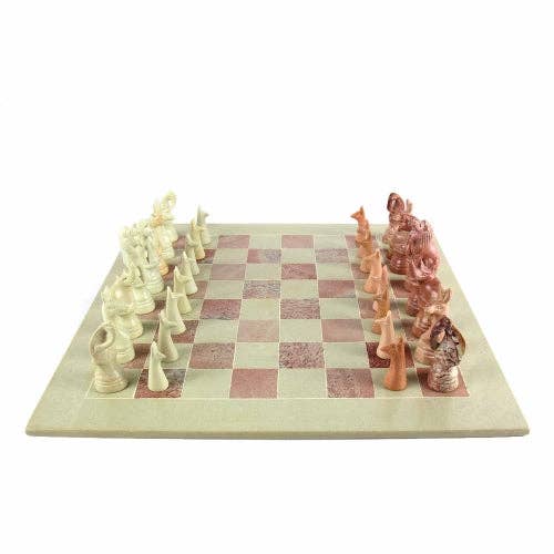 Soapstone Hand-Carved Chess Set  w/ Box  - Safari Animal Pieces, Pink/Natural