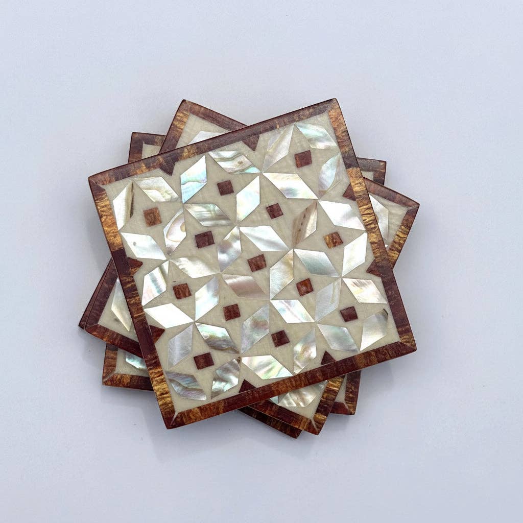 Wood & Mother of Pearl Coaster Set of 4 - Kaleidoscope Brown