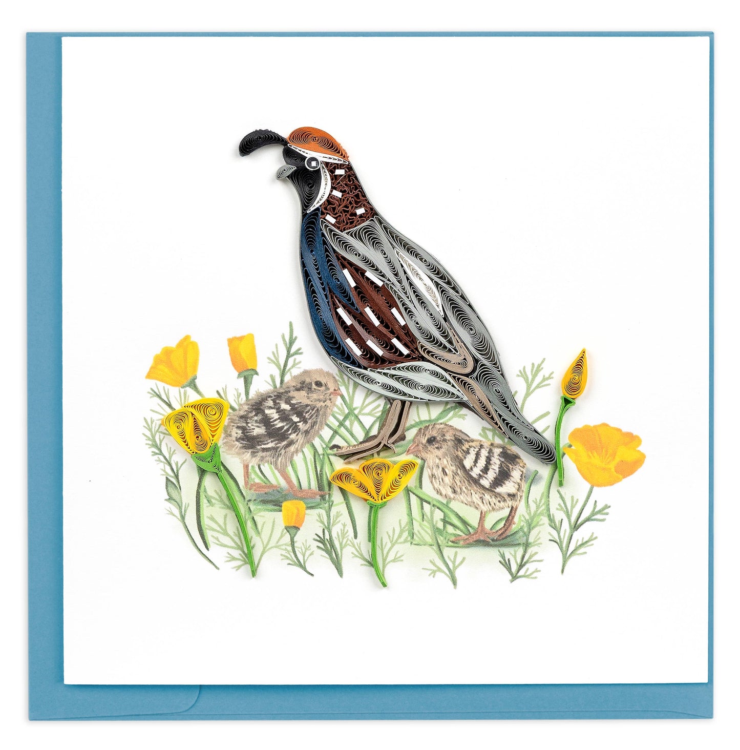 Quilled Quail with Chicks & Poppies Card