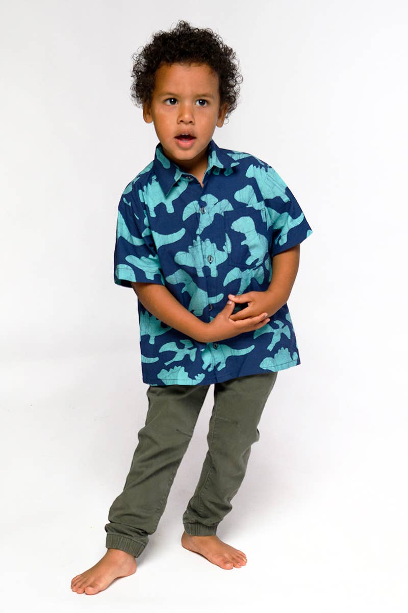 Kids: Button Down Shirt: Dinos - Navy-Organic