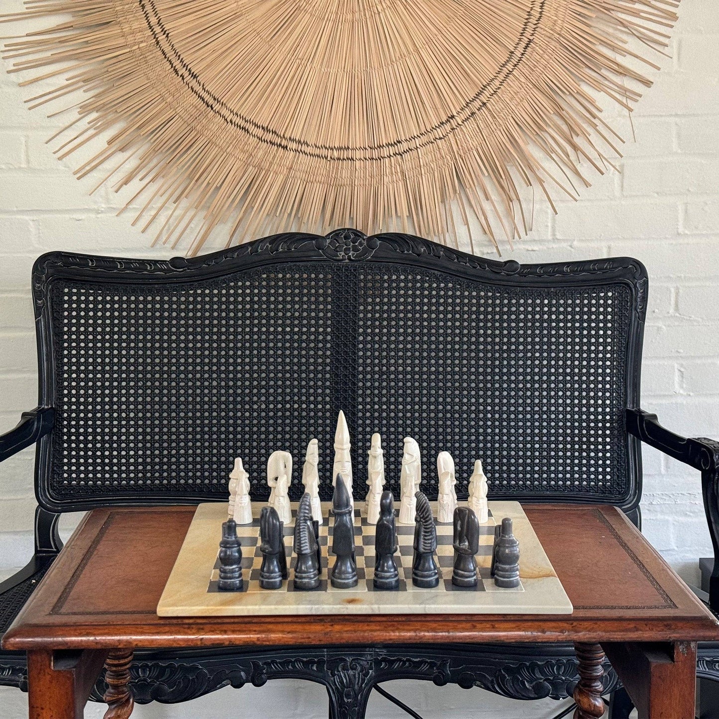 Soapstone Hand-Carved Chess Set w/ Box - African Maasai Tribe Pieces, Grey/Natural