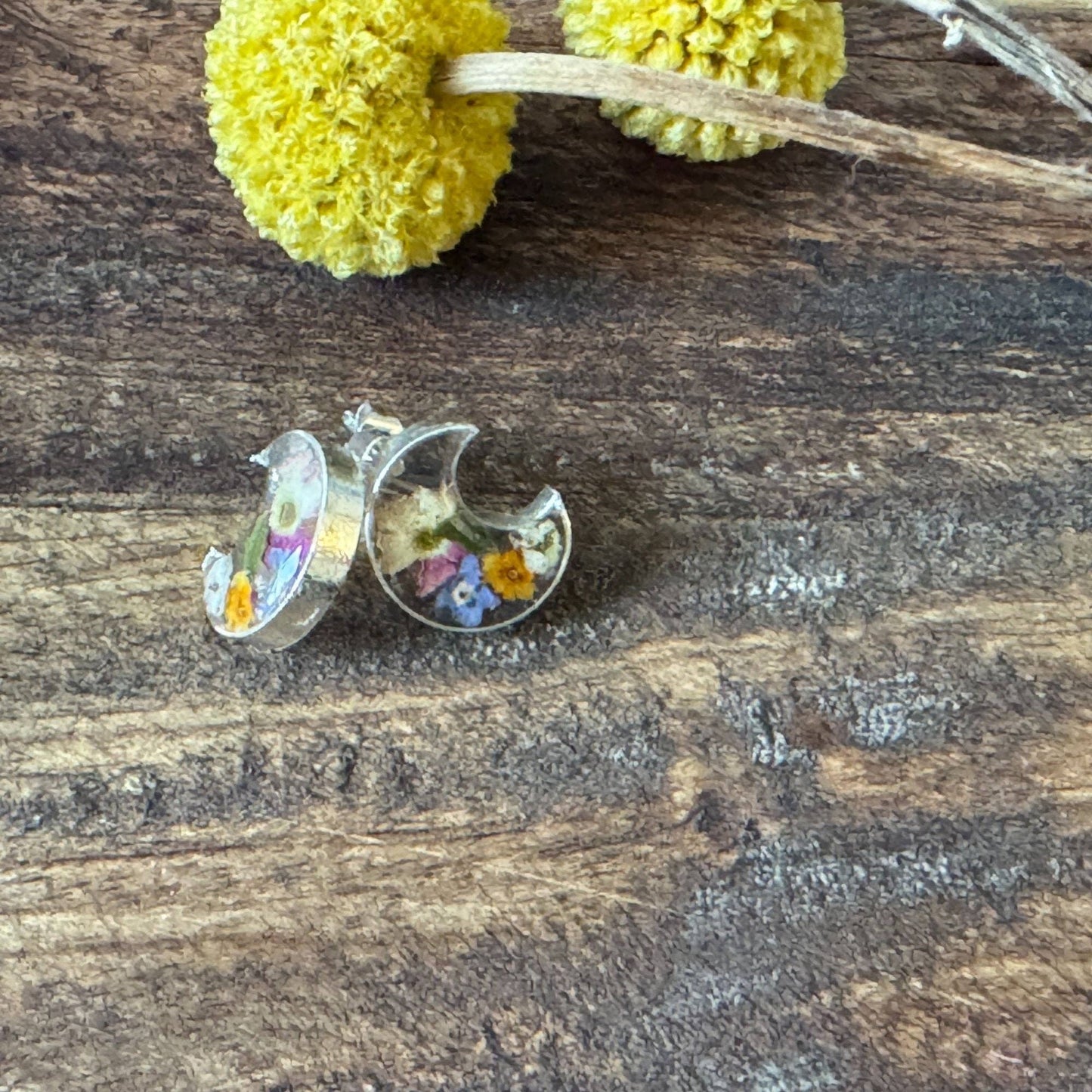 Pressed Flower Crescent Stud Earrings - Assorted