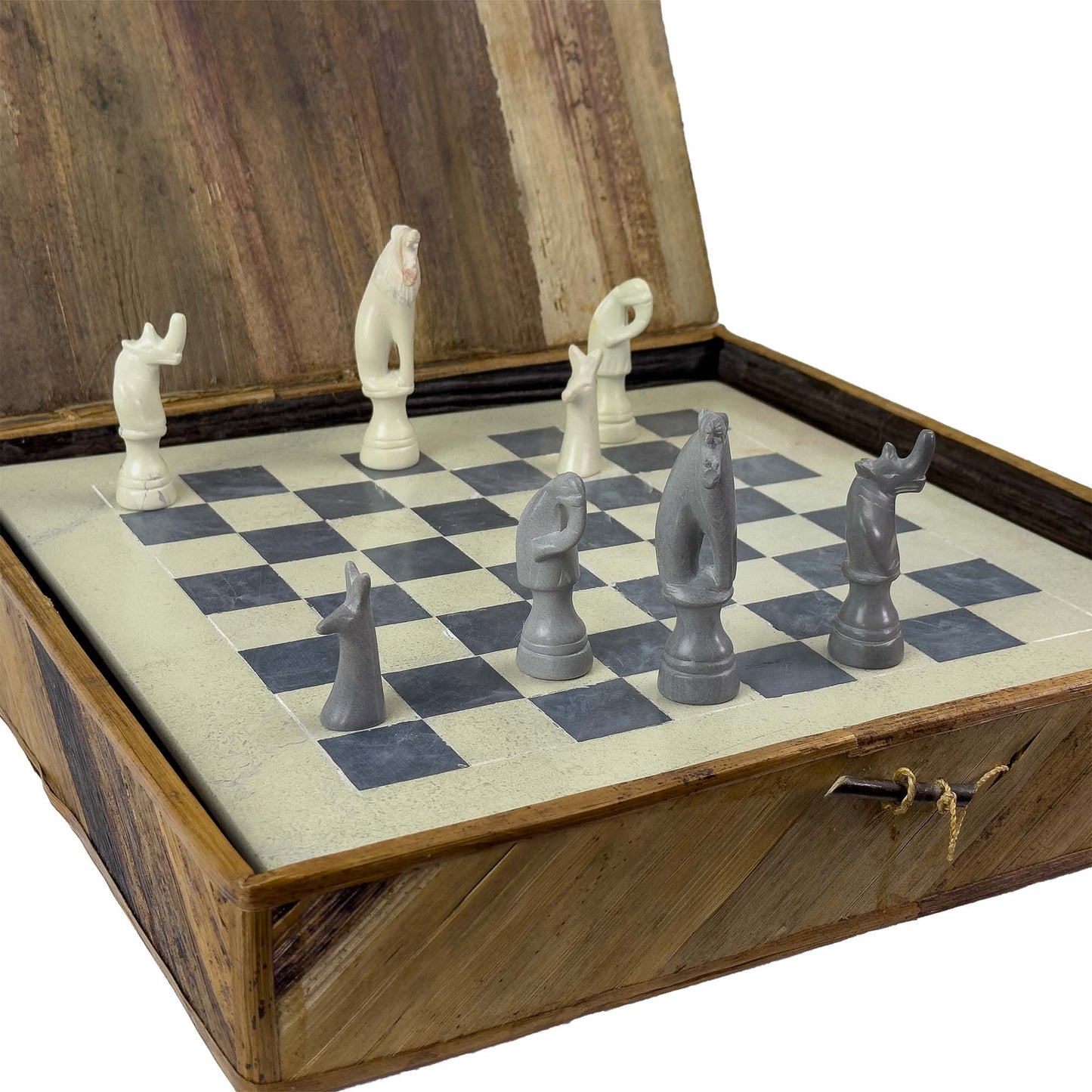 Soapstone Hand-Carved Chess Set w/ Box - Safari Animal Pieces, Grey/Natural