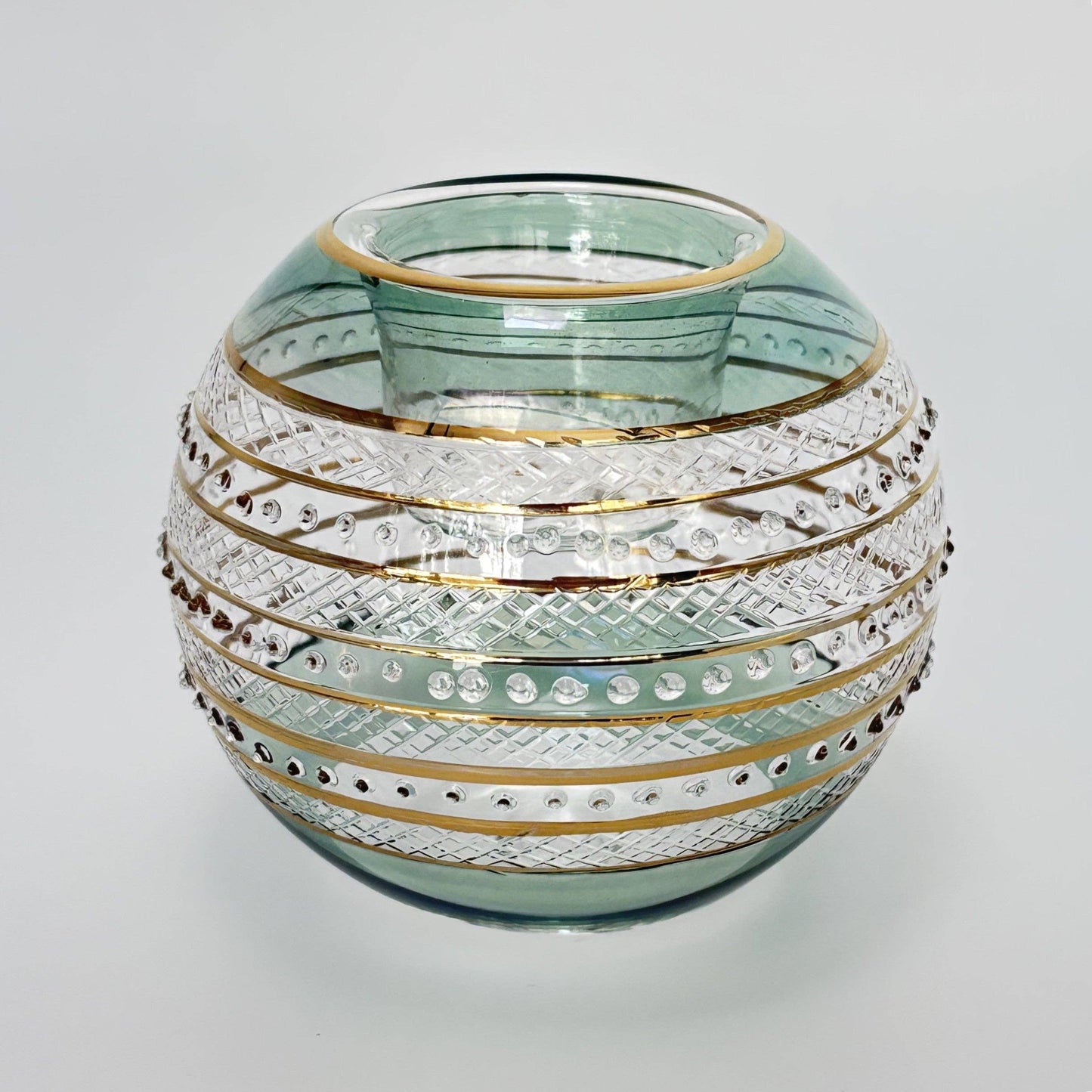 Blown Glass Candleholder - Sparkle Rings & Green Rim