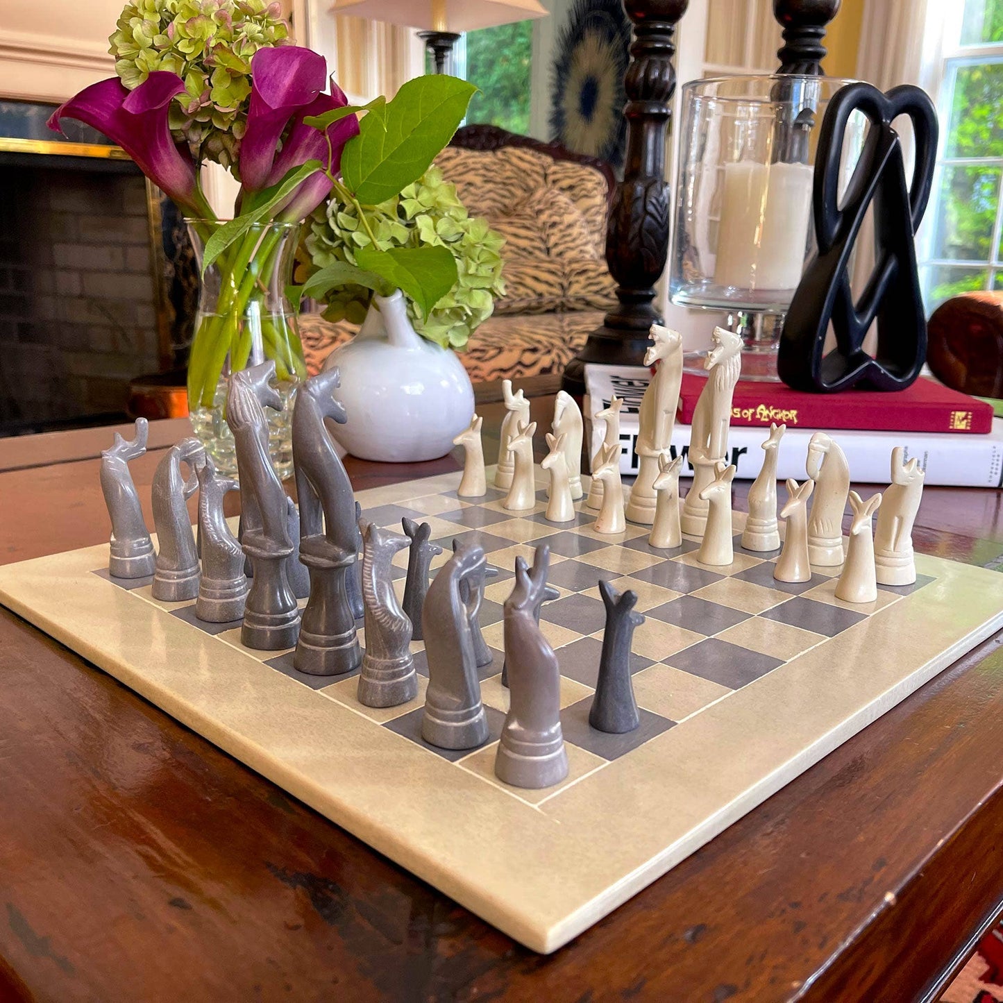 Soapstone Hand-Carved Chess Set w/ Box - Safari Animal Pieces, Grey/Natural