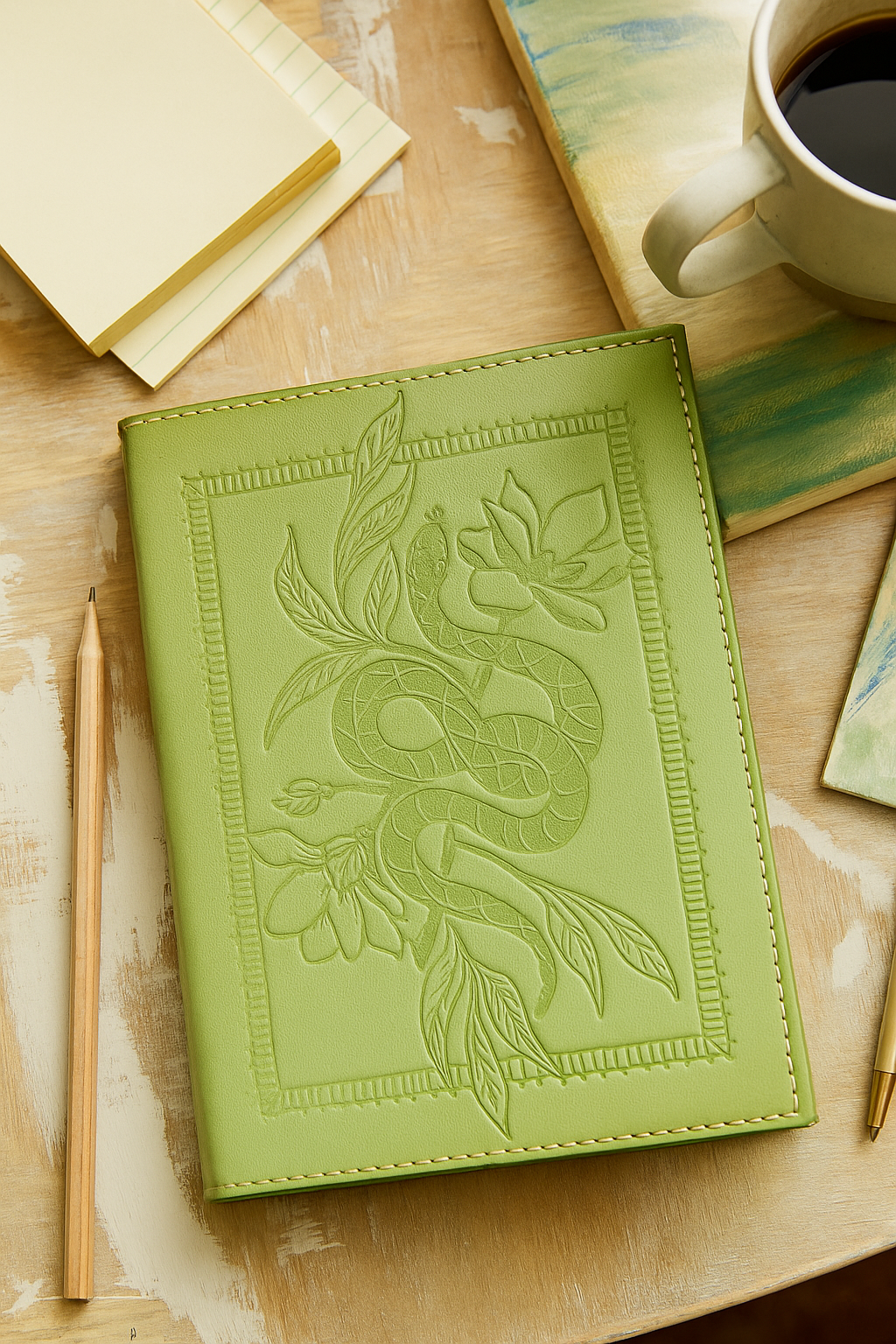 Refillable Leather Journal - Green Embossed Snake