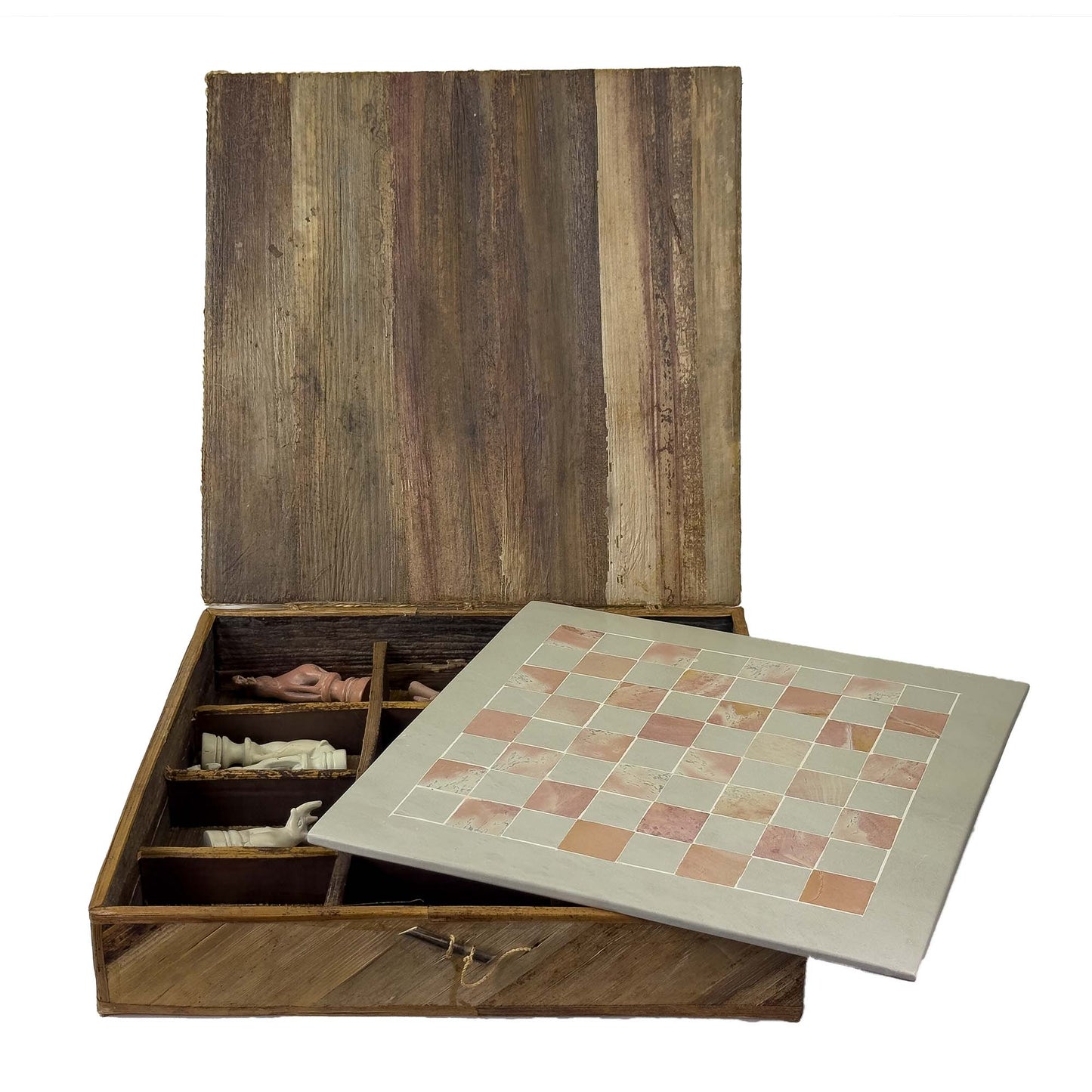 Soapstone Hand-Carved Chess Set  w/ Box  - Safari Animal Pieces, Pink/Natural
