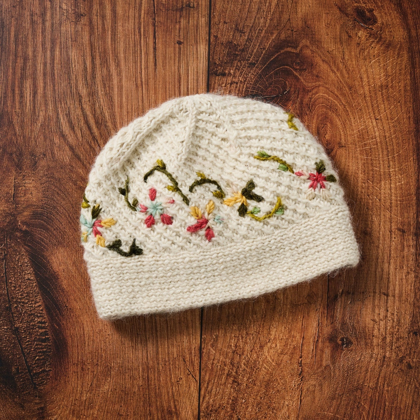 Hat flowers/vines lined wool/polyester ivory/multi