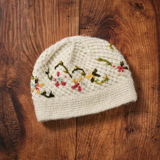 Hat flowers/vines lined wool/polyester ivory/multi