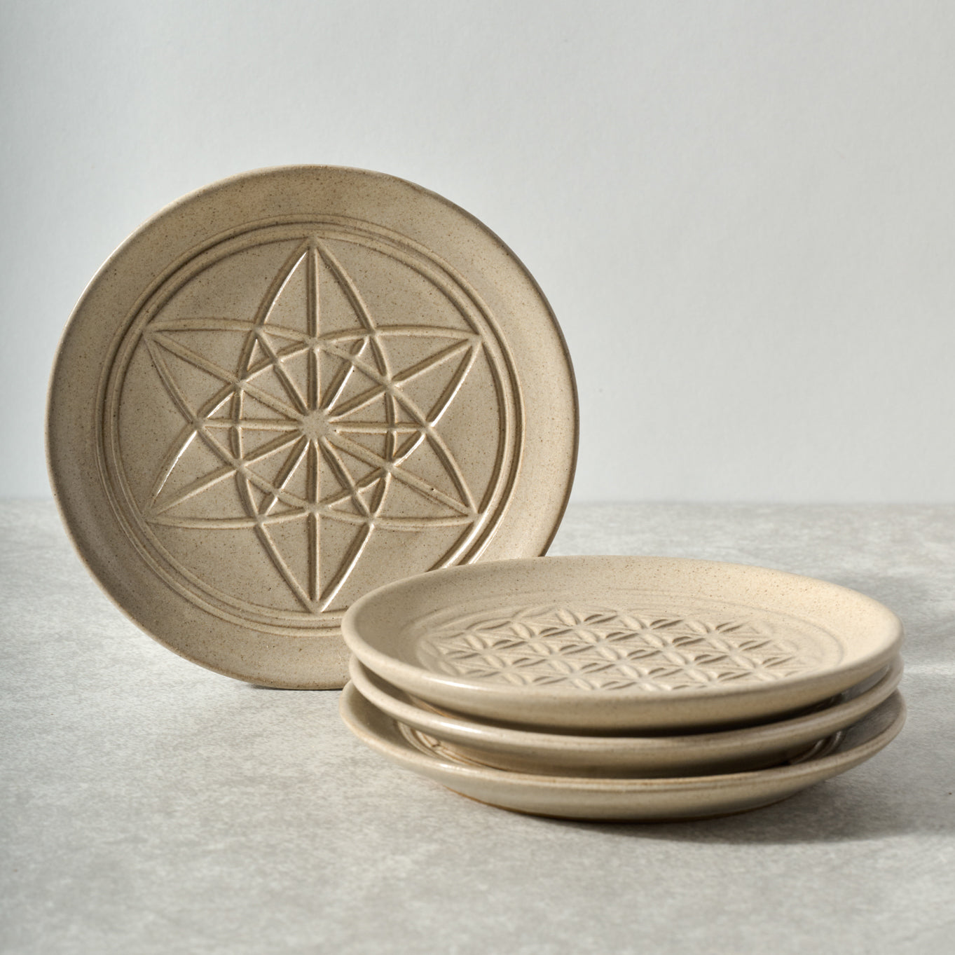 Plates appetizer set/4 sacred geo ceramic 5D tan