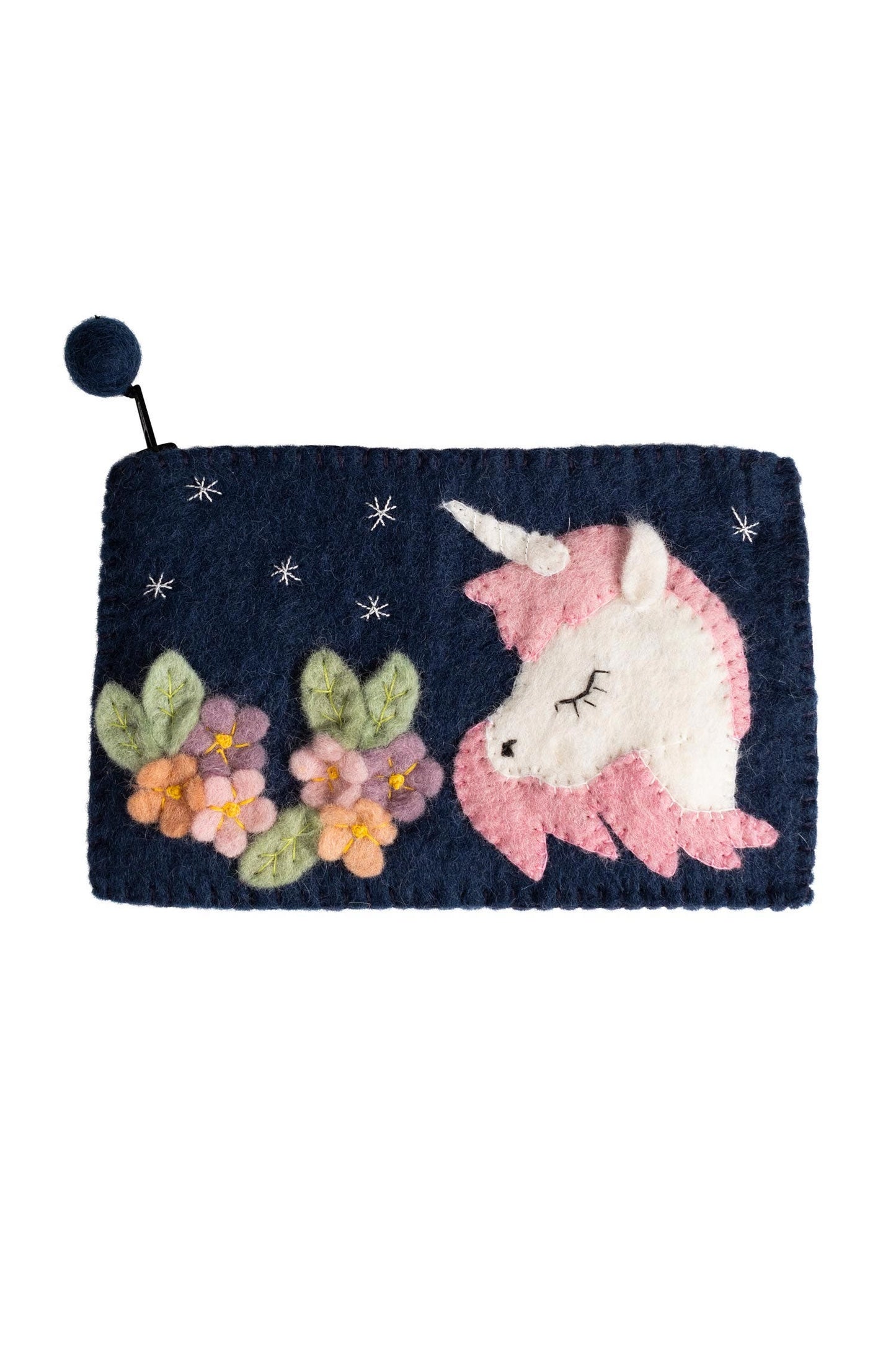 Purse unicorn/flowers felt 8Wx5 navy/pink/multi