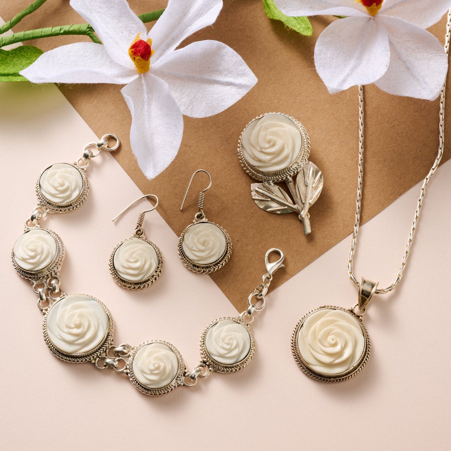 Bagaica Rose Carved Bone Bracelet