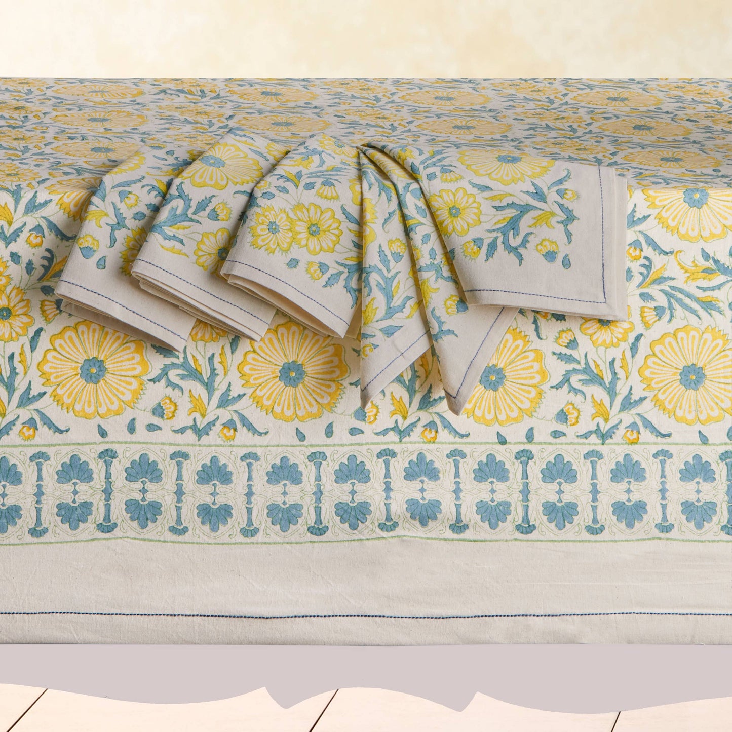 Hand Block Printed Cotton Tablecloth - Bloom Wheat