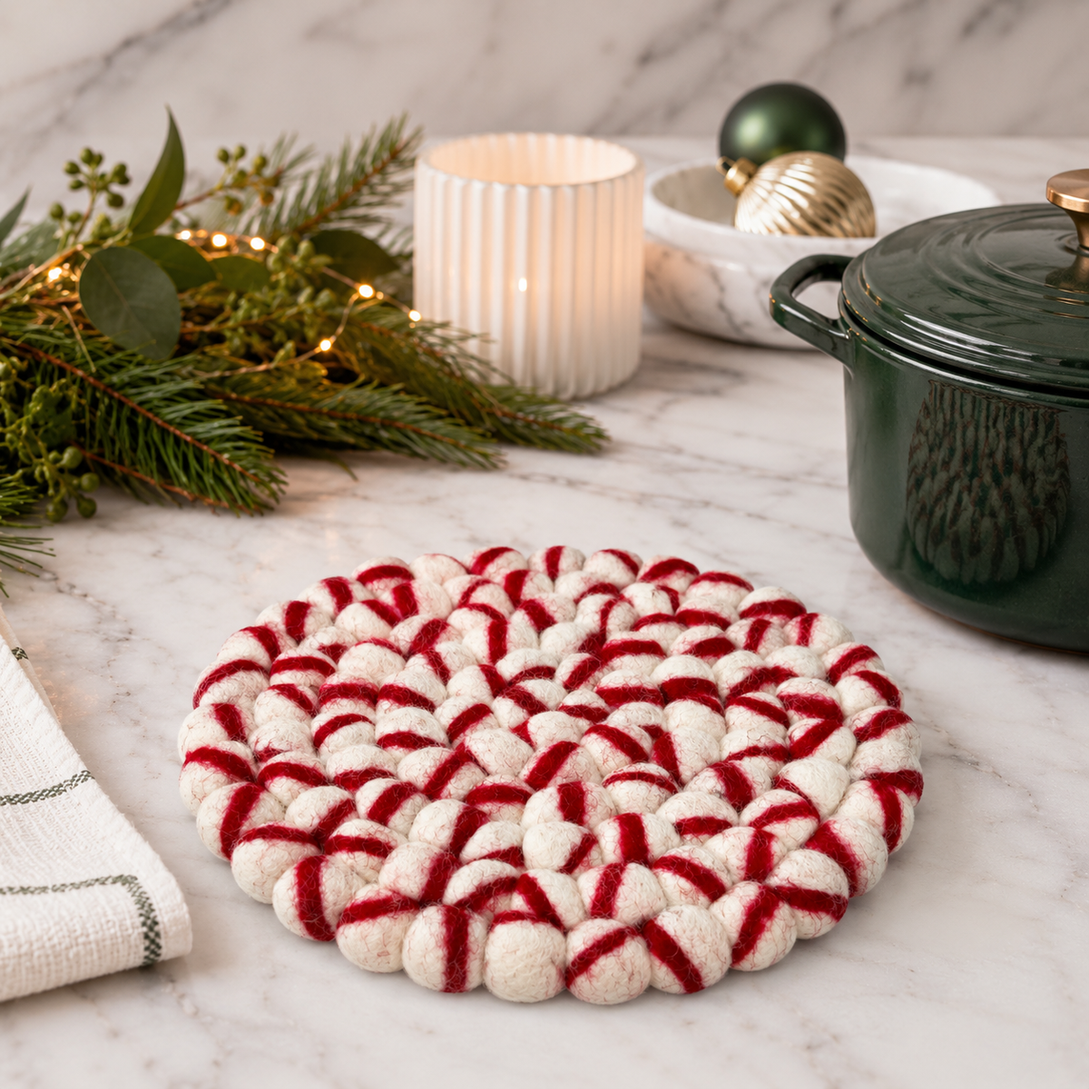 Round Felt Ball Trivet - Peppermint Red