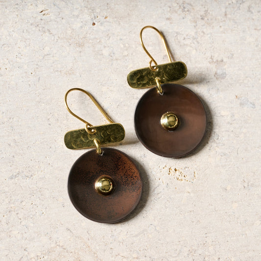 Earrings dangle disc cppr/brnz/silv 1.75L blk/gld