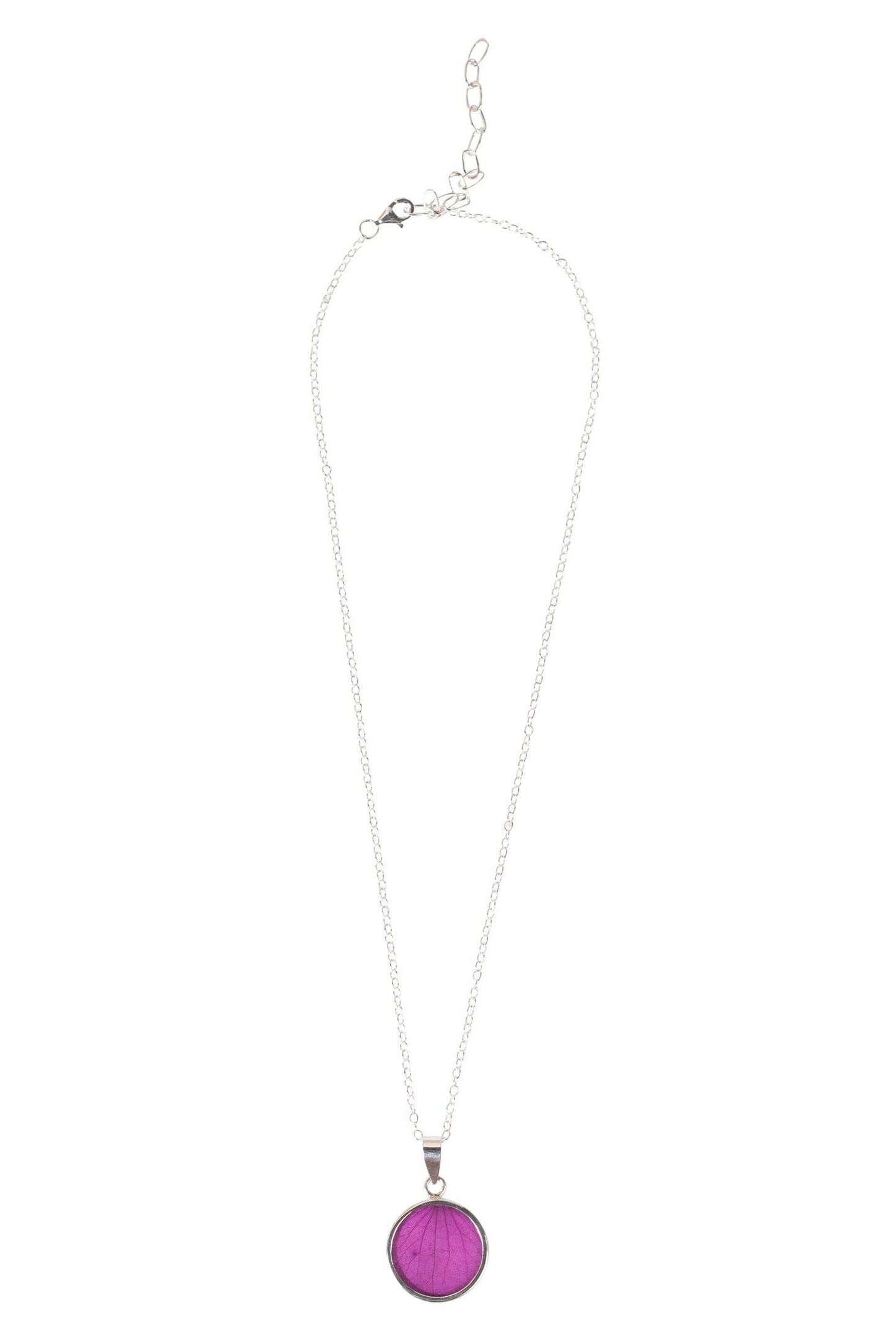 Necklace round pend strlg/pressed flwr 16L fuchsia