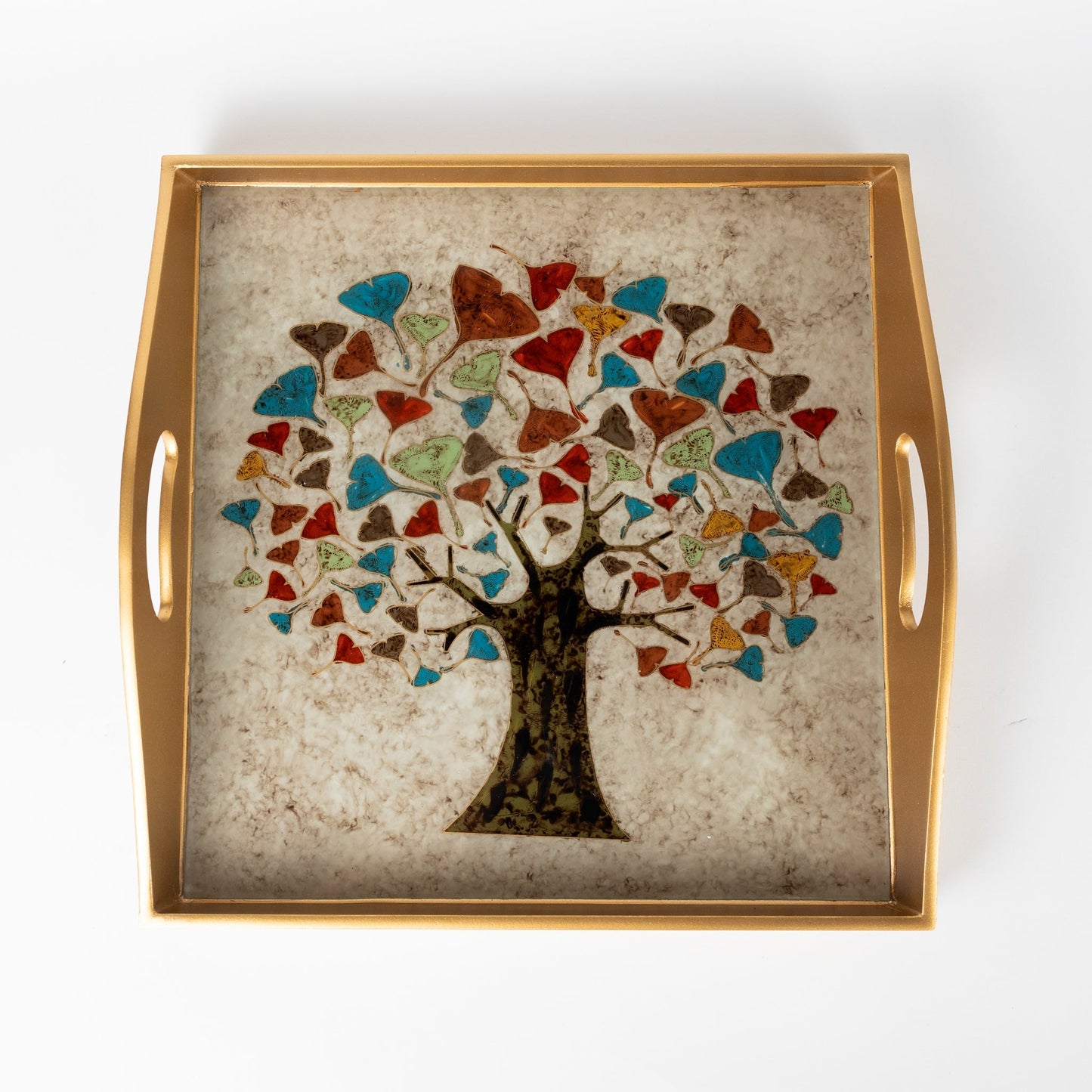 Tray tree reverse painted glass 12.5sq gld/multi