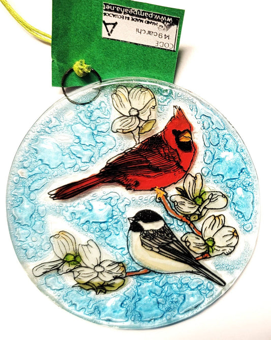 Cardinal With Chickadee Recycled Glass Ornament