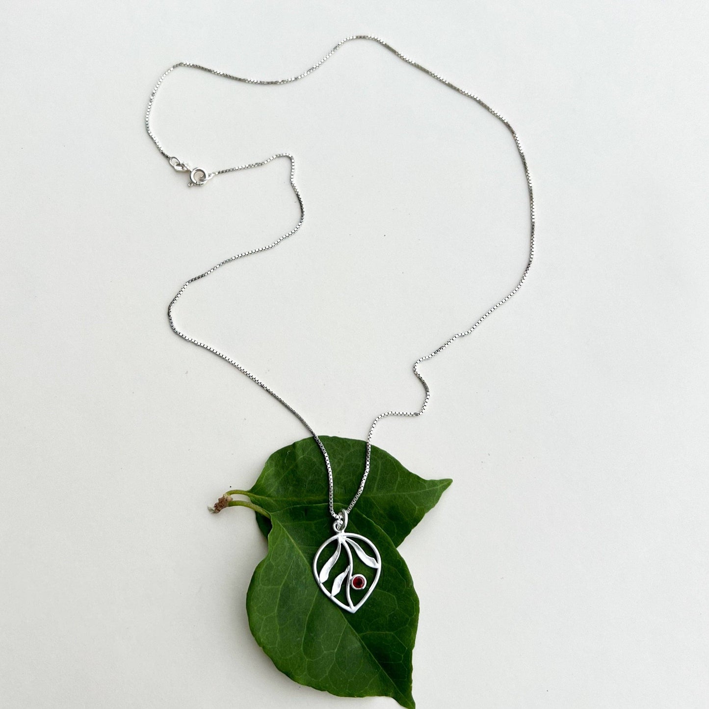 Whispering Leaf Necklace, Garnet - Sterling Silver