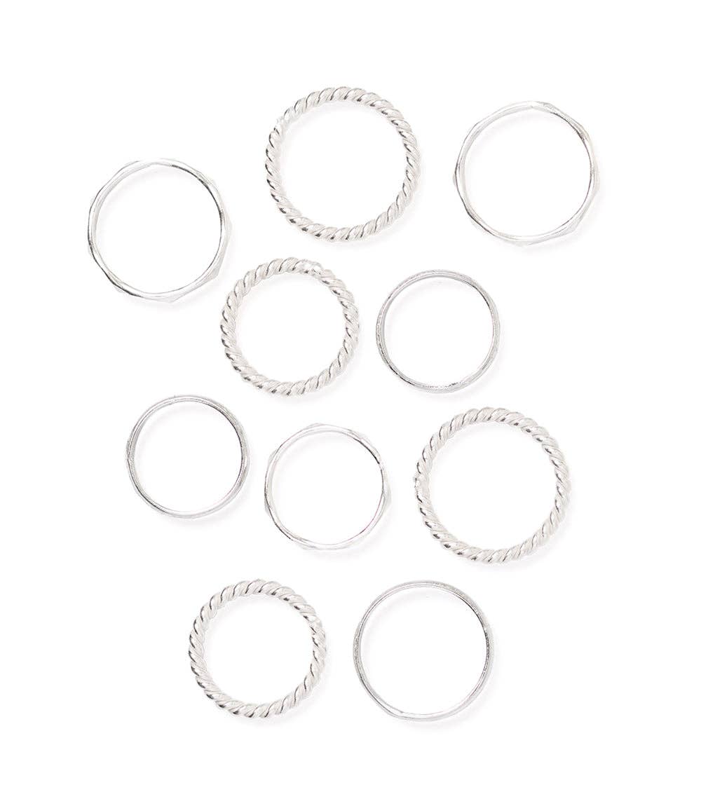 Dhera Assorted Textured Band Stacking Rings - Silver Tone