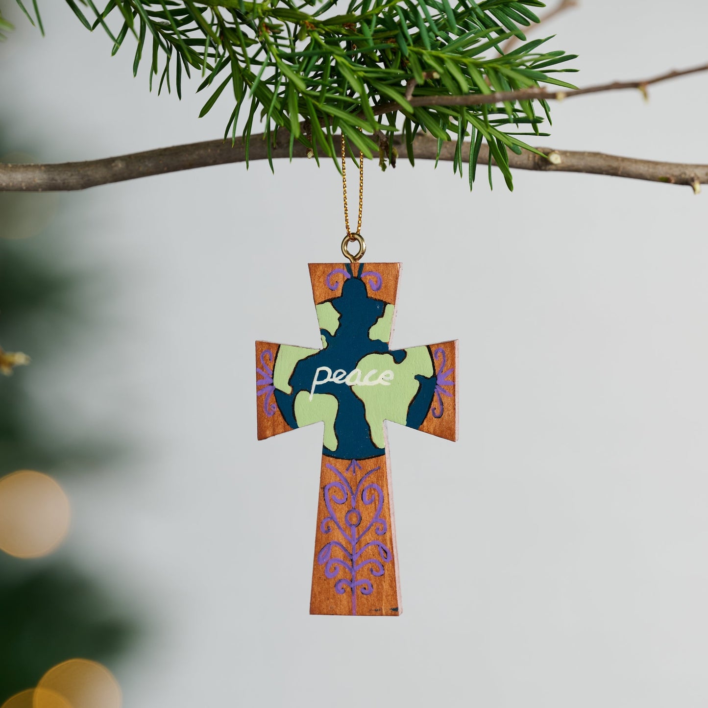 Ornament cross 2024/Peace M/3 wd 2x3.5 brn/blu/grn