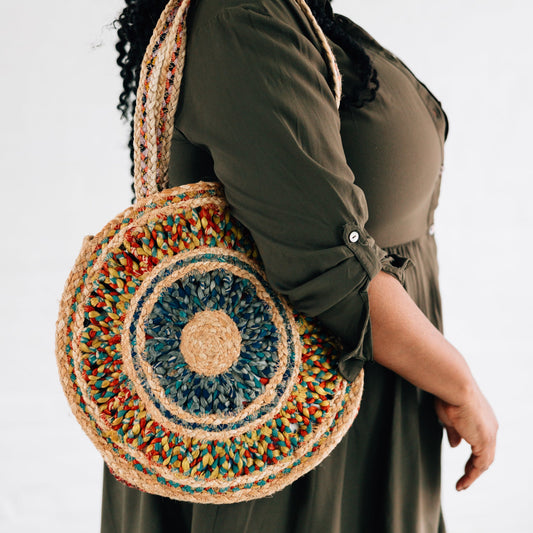 Round Sari Jute Shoulder Bag