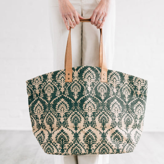 Bag L tote damask print jute/lthr 24Wx16H nat/grn