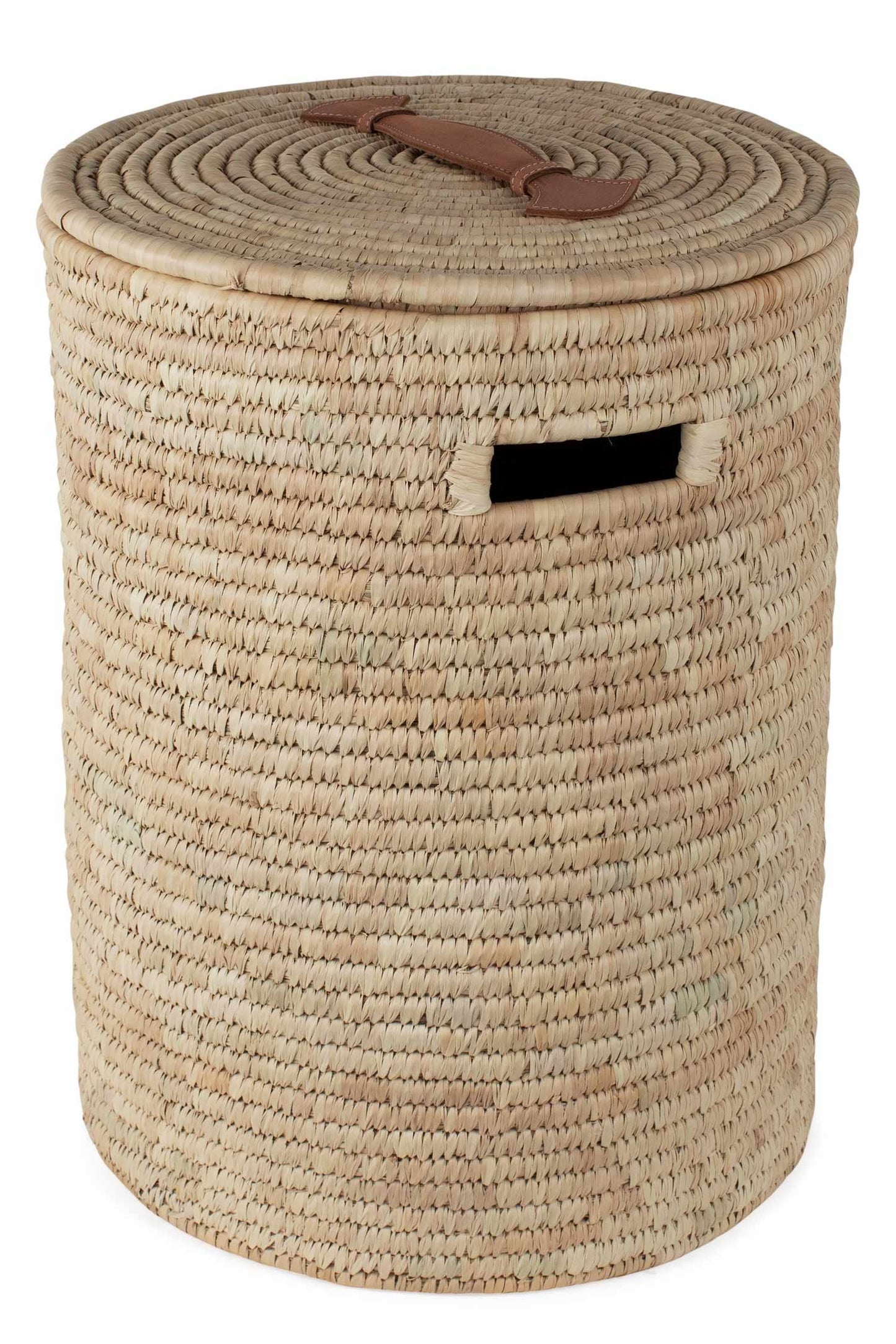 Basket hamper w/lid palm leaf/leather 15Dx20H nat