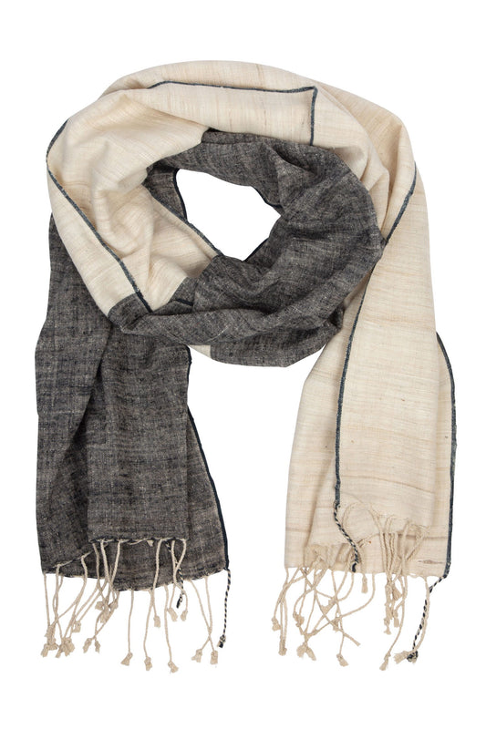 Scarf solid rough weave silk 80Lx20W cream/navy