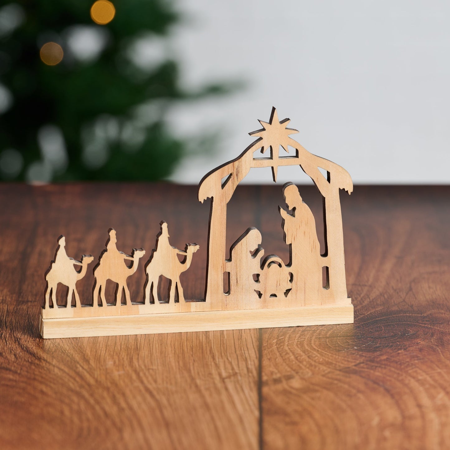 Nativity flat w/wisemen cut out wood 6.5Lx4.5H nat