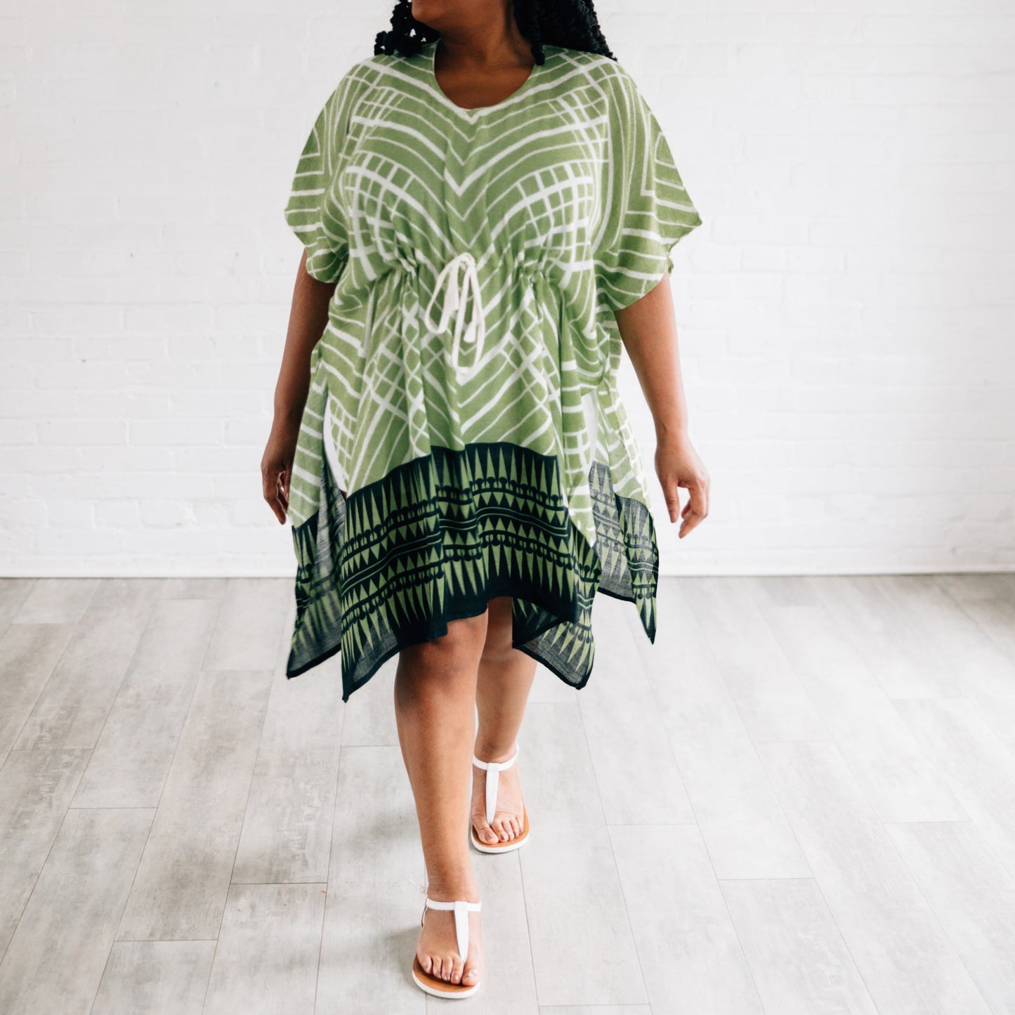 Kaftan short w/geo border viscose 36L grn/blk