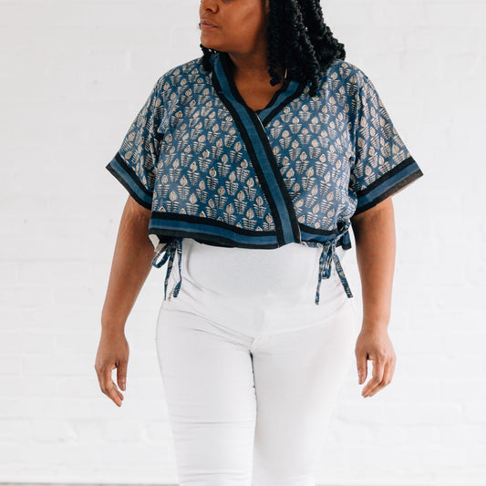 Shirt criss cross top cotton 17L blue/black