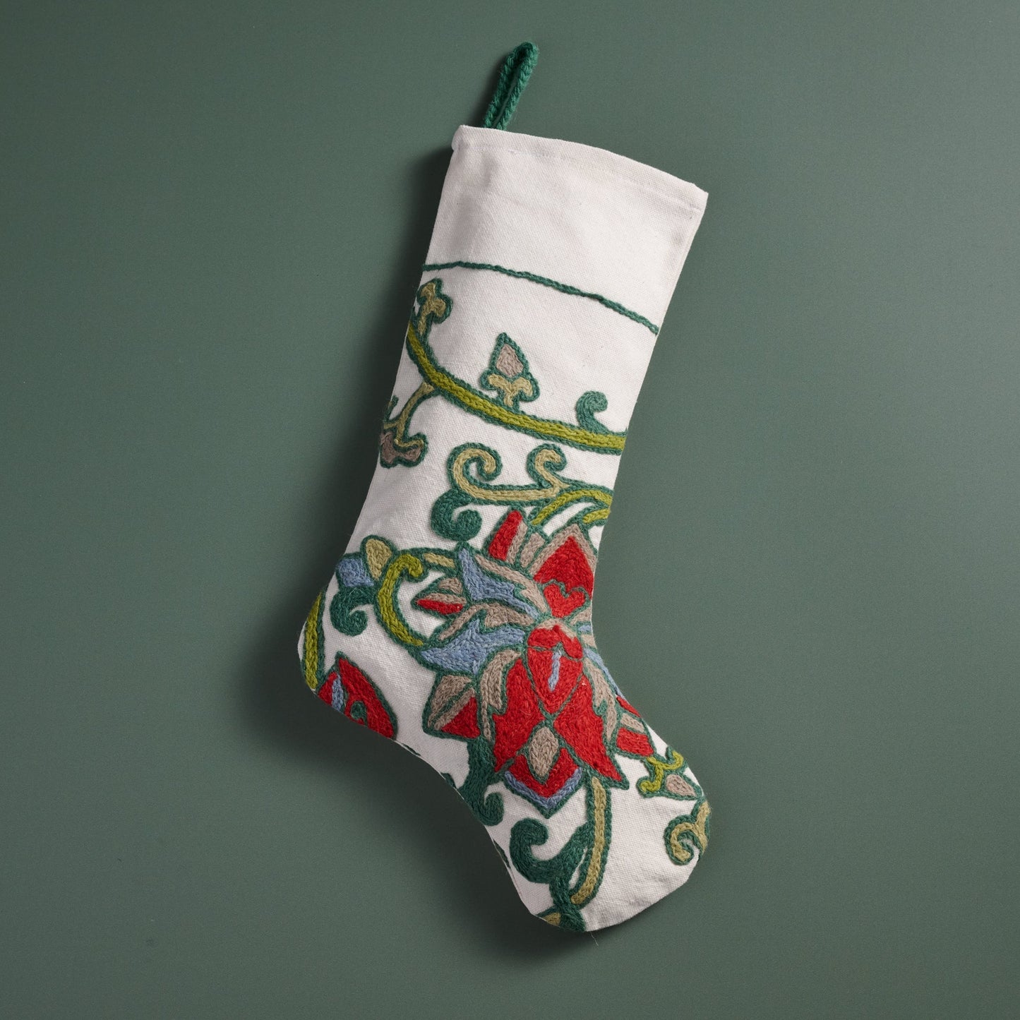 Stocking Christmas floral cttn/wl 18L crm/grn/red