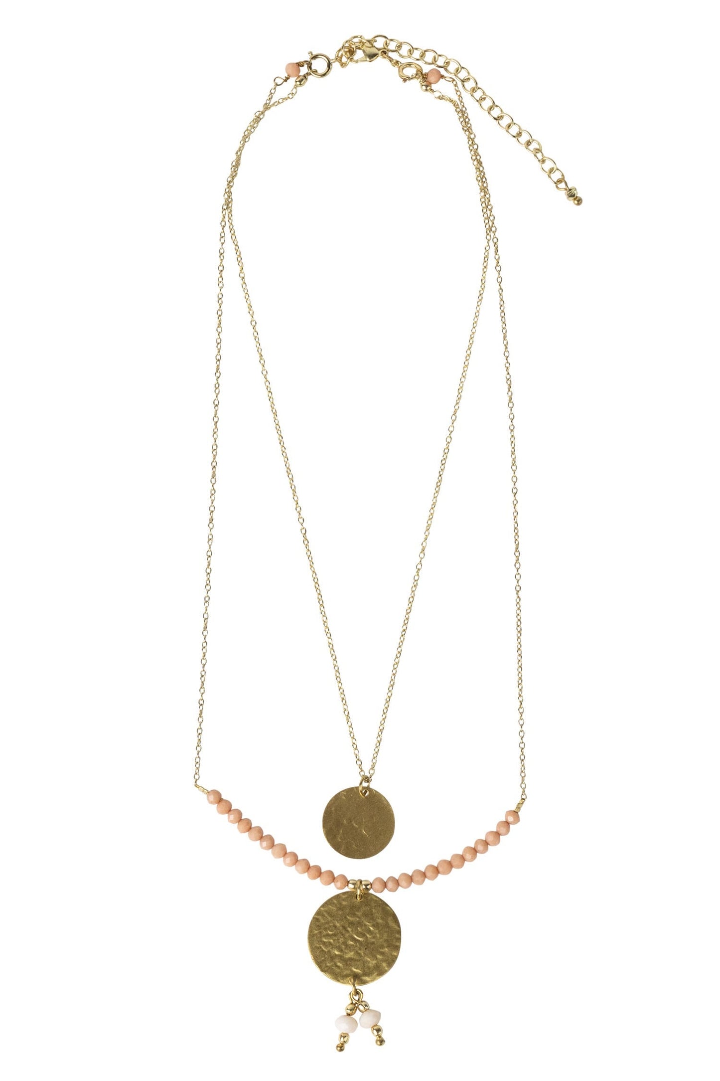 Necklace convertible discs br/glass 17L gold/pink