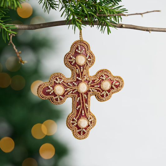 Ornament cross M/2 stuffed satin/poly 5.5H red/gld