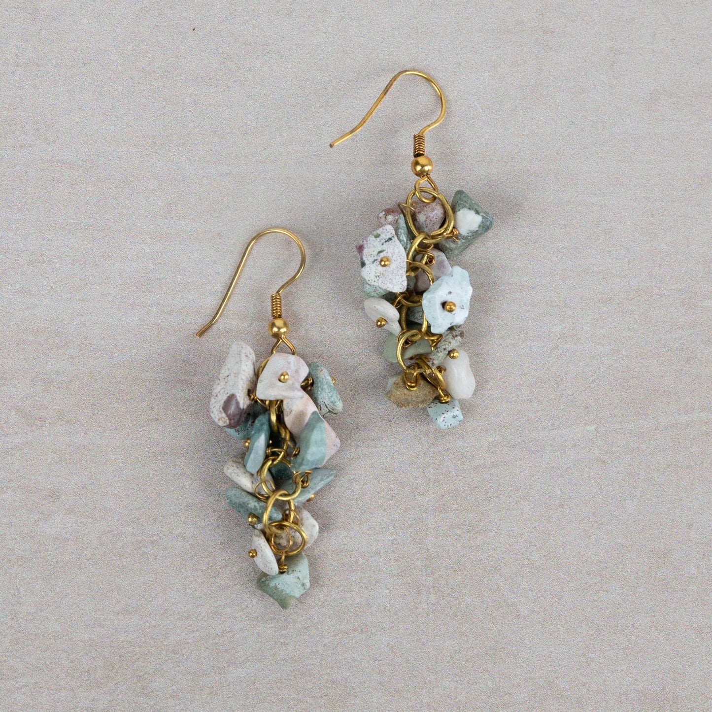 Earrings dngle cluster firoza/turq/br 2L gld/grn