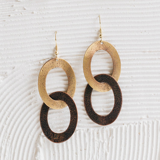 Earrings dangle linked ovals brass 3L brss/brnz