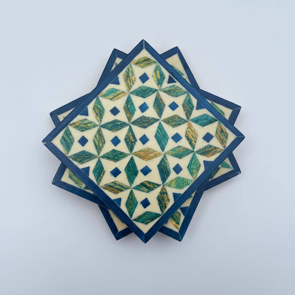 Wood & Mother of Pearl Coaster Set of 4 - Kaleidoscope Blue/Green