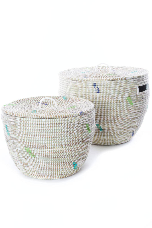 Green and Blue Dash Lidded Nesting Baskets