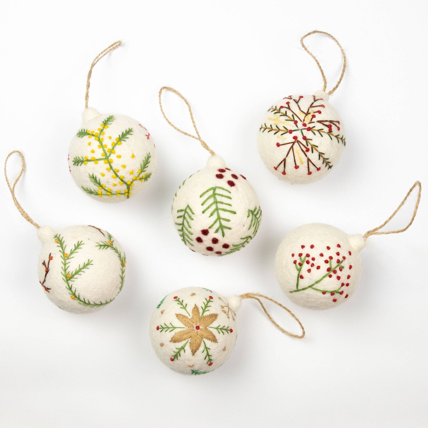 Hand Embroidered Felt Ball Ornament - White, Assorted