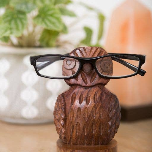 Owl Eyeglass Holder Stand - Hand Carved Wood