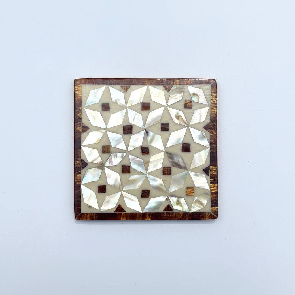 Wood & Mother of Pearl Coaster Set of 4 - Kaleidoscope Brown