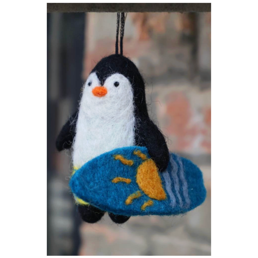 Felt Surfing Penguin Ornament