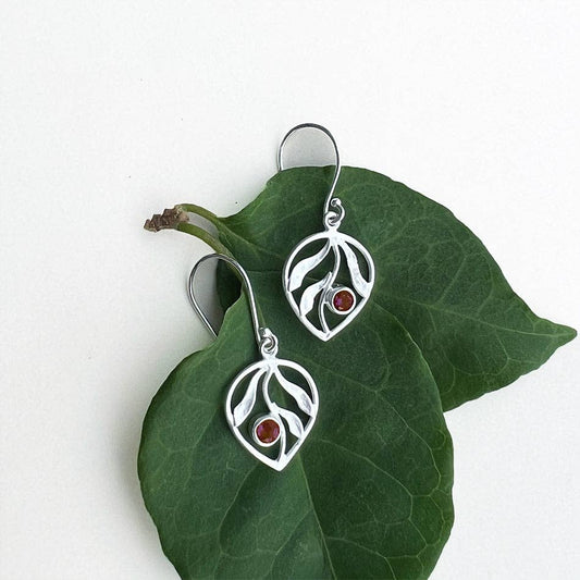 Whispering Leaf Earrings, Garnet - Sterling Silver
