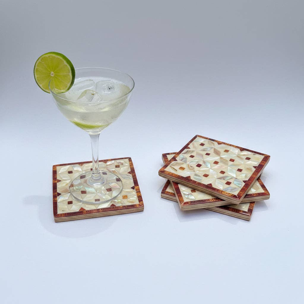 Wood & Mother of Pearl Coaster Set of 4 - Kaleidoscope Brown