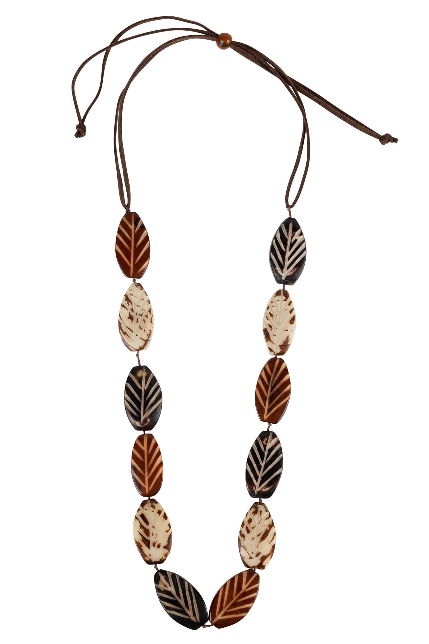 Necklace leaf ovals tagua/leather 32L adj brn/blk