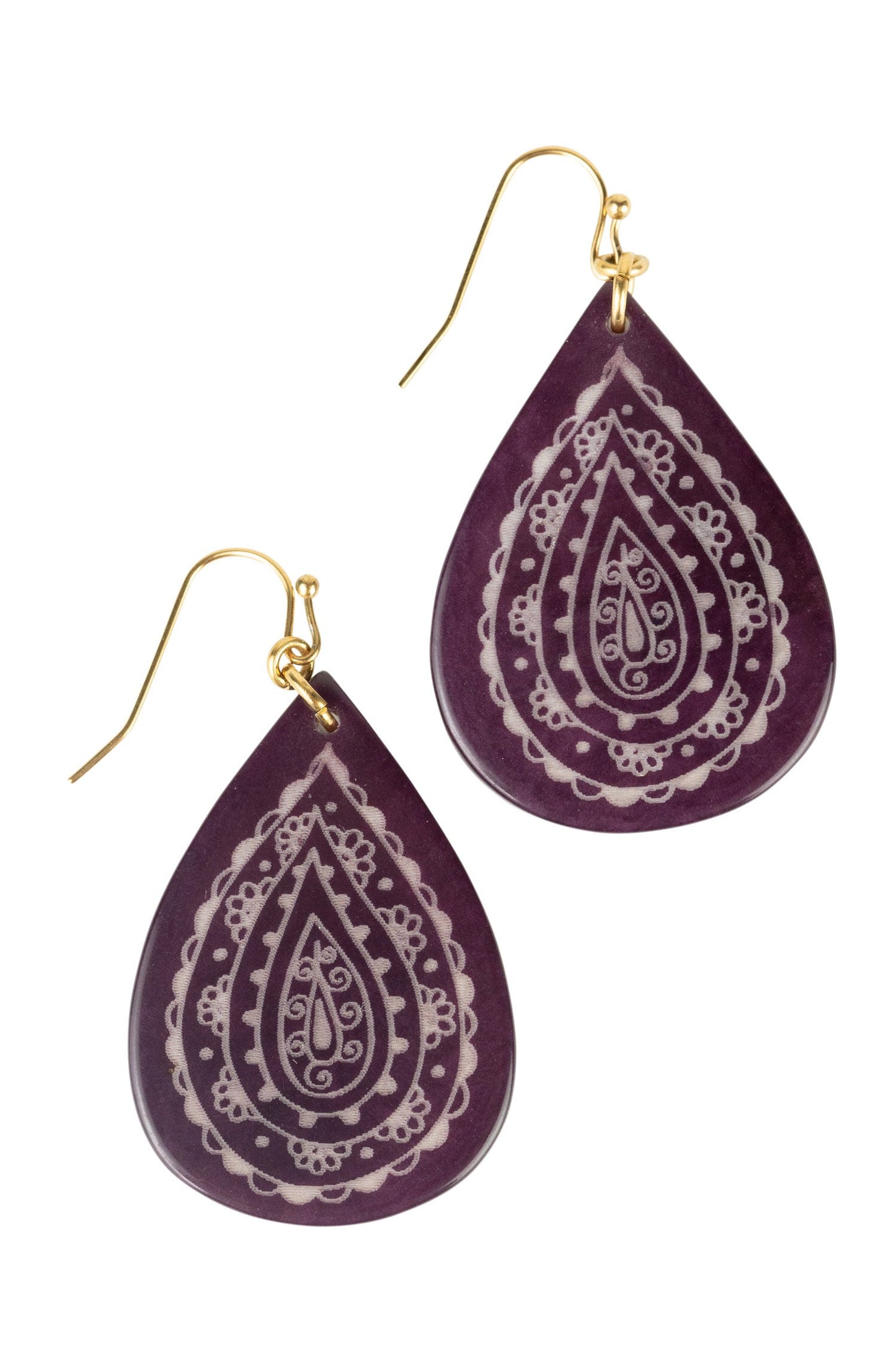 Earrings etched teardrop tagua 2L plum/gold