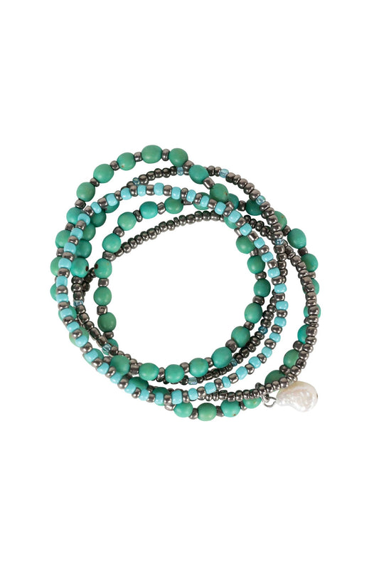 Bracelets s/5 w/pearl seeds/beads aqua/silv